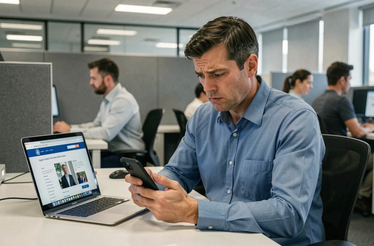 Homme en bureau consultant son téléphone pour appeler Pôle emploi pendant ses horaires d'ouverture