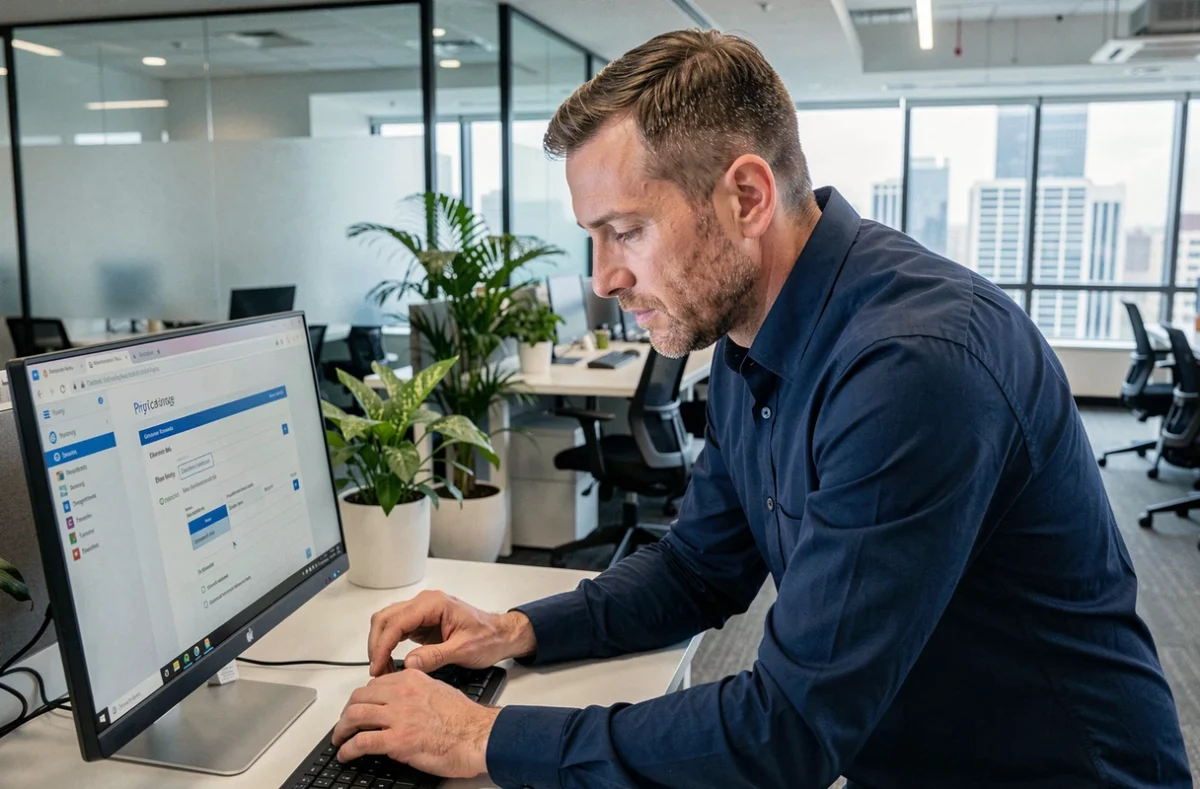 Homme en bureau professionnel configurant les paramètres de proxy sur son ordinateur pour accéder à un site bloqué
