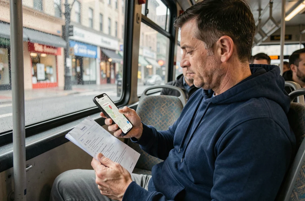 Homme dans un bus utilisant une application de navigation sur smartphone pour localiser le Lidl le plus proche en transports en commun