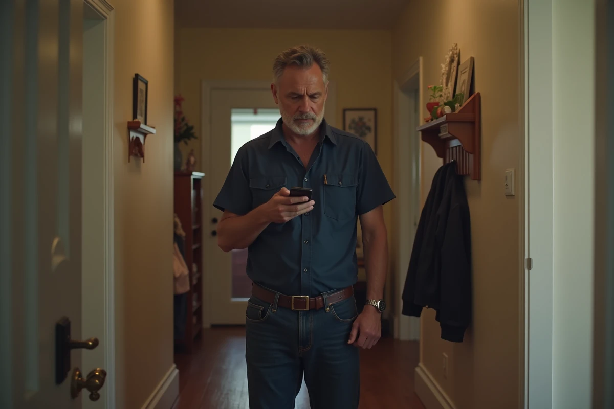 Homme hésitant dans un couloir face à un appel téléphonique non décroché, symbole de la distance émotionnelle avec la famille