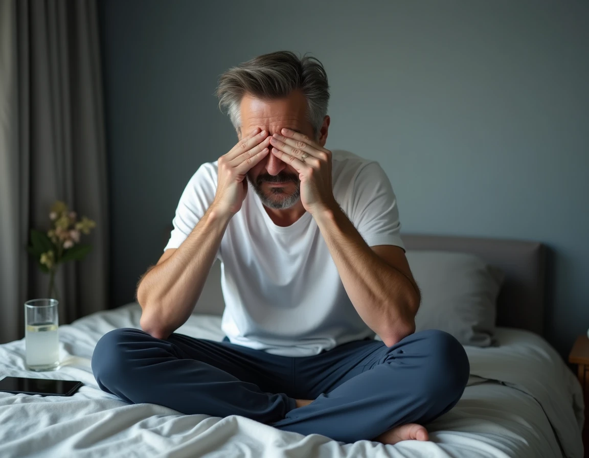 Homme fatigué assis au bord du lit le matin manquant de sommeil suffisant