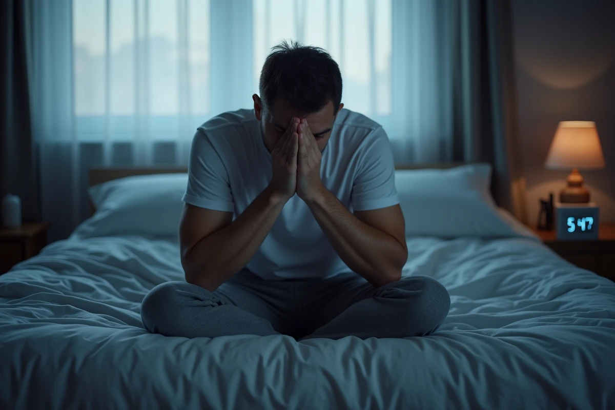 Homme épuisé assis au bord du lit au petit matin après une nuit sans sommeil profond