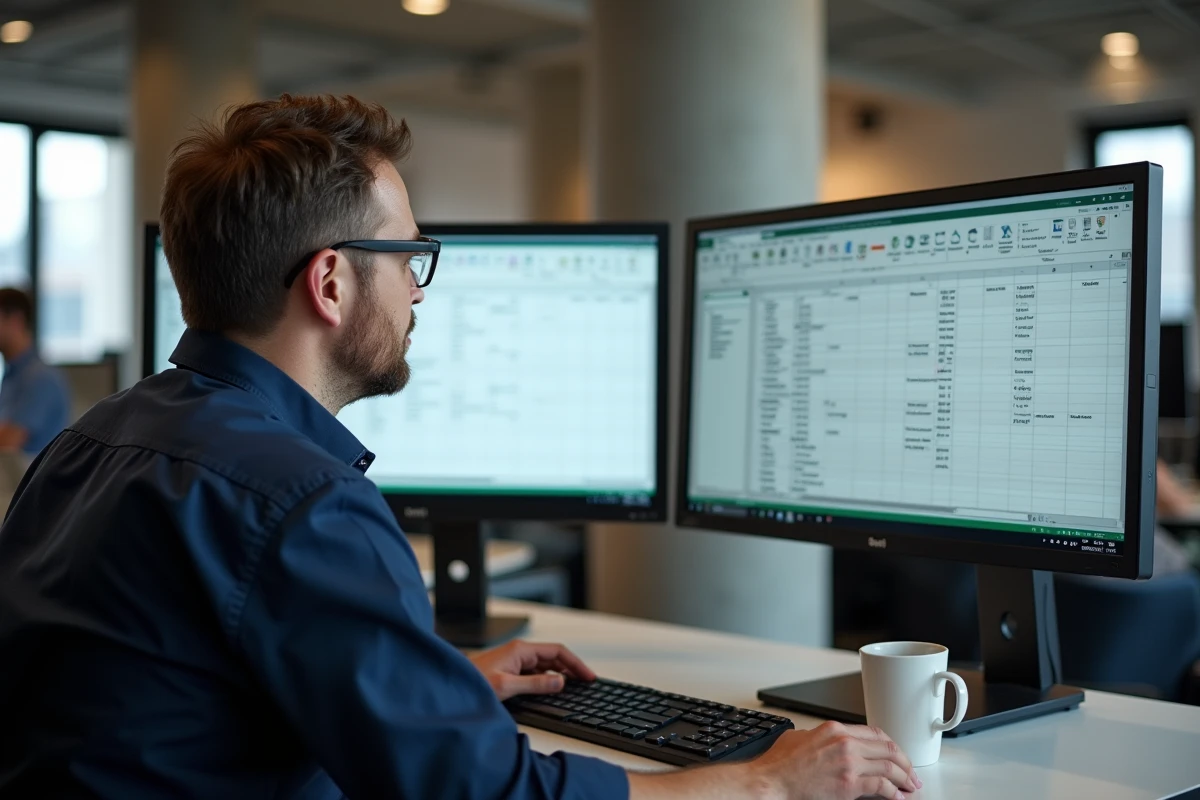 Homme utilisant Google Sheets sur un double écran pour calculer des intervalles de dates dans un bureau professionnel moderne