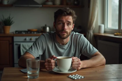 Homme fatigué avec gueule de bois assis à la cuisine le matin, tenant un mug de café avec de l'aspirine sur la table