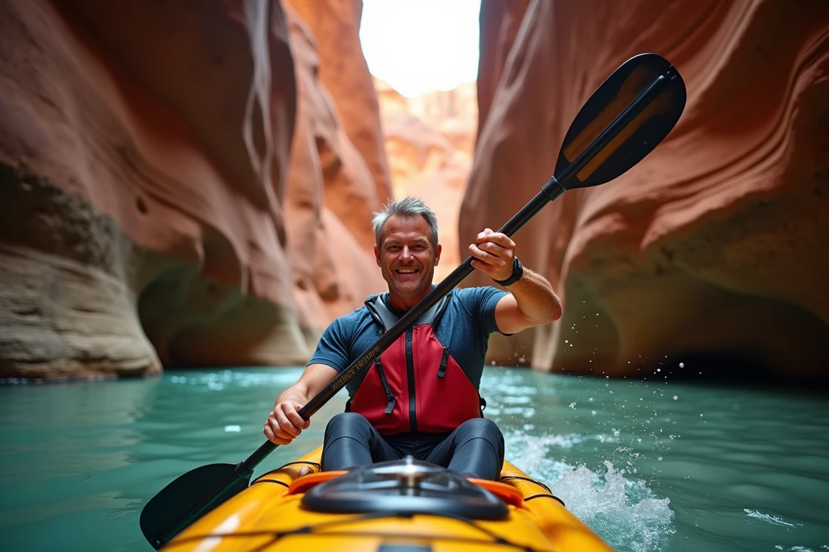 Homme d'âge mûr en kayak dans un canyon de grès rouge, pagaie en action, aventure et dépassement de soi en pleine nature