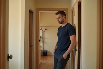 Homme mesurant sa taille contre un cadre de porte dans un couloir domestique, illustrant la notion de taille moyenne