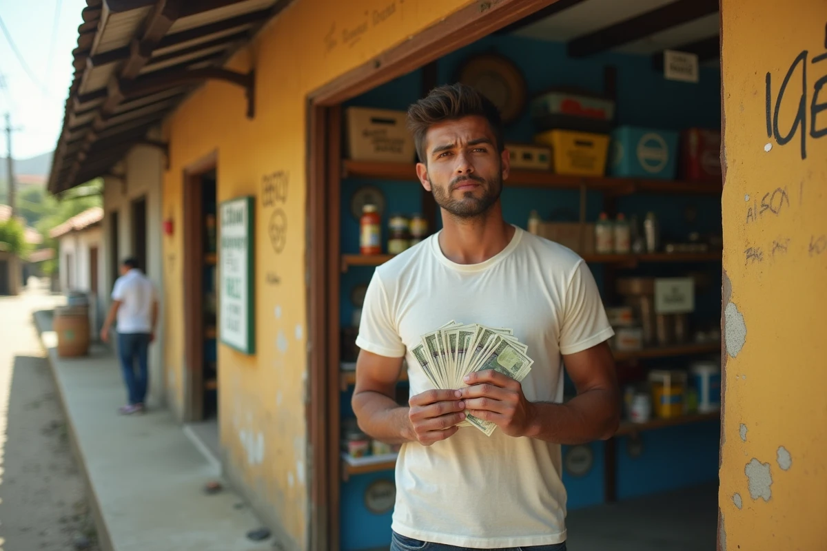 Homme tenant des billets et pièces de monnaie locale devant une petite épicerie en Amérique latine, illustrant le pouvoir d'achat élevé dans les pays à faible coût de la vie