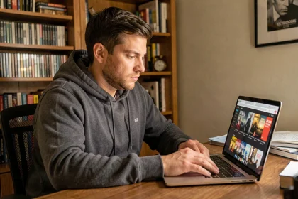 Homme naviguant sur un site de films du jour sur son ordinateur portable dans un bureau cosy