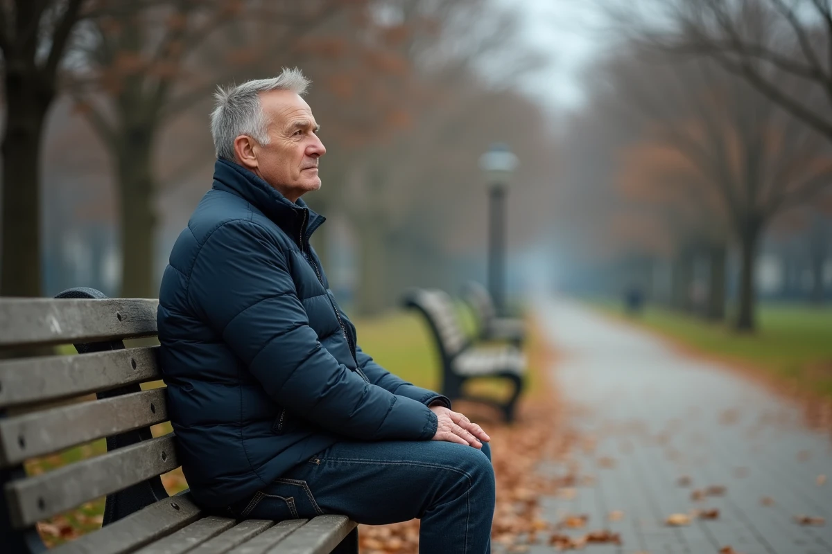 Homme pensif assis seul sur un banc dans un parc en automne, symbolisant l'isolement et la récupération après un burn-out