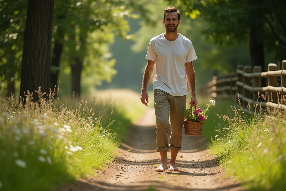 Homme marchant pieds nus sur un chemin de terre en forêt, tenant un panier en osier avec des fleurs sauvages, évoquant une vie simple et connectée à la nature
