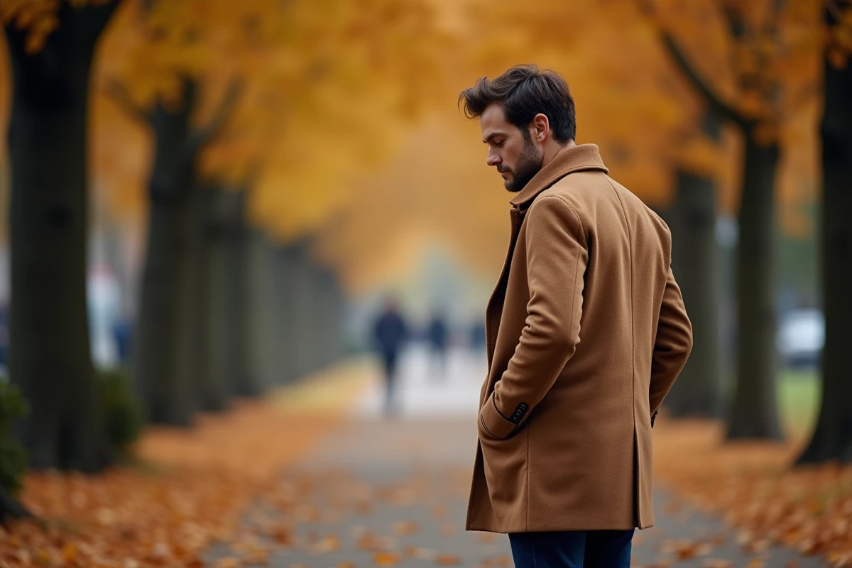 Homme seul en promenade dans un parc automnal aux feuilles dorées, plongé dans une réflexion émotionnelle et romantique