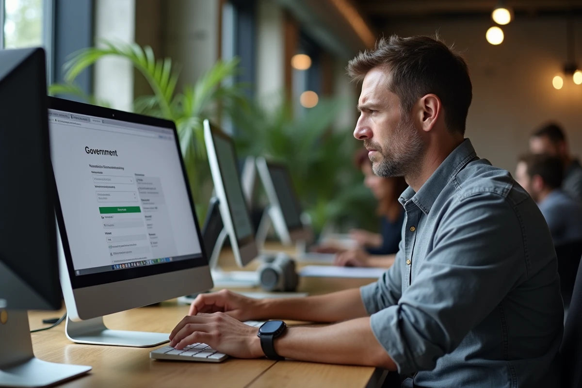 Homme consultant le portail infos-discriminations.fr dans un espace de coworking pour signaler une discrimination numérique