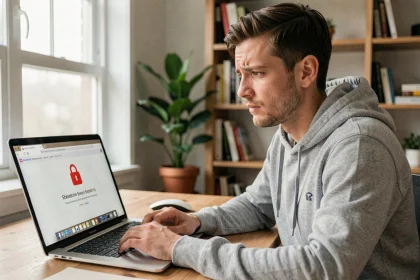 Homme frustré devant un écran d'ordinateur affichant une page de site web bloqué avec une icône de cadenas rouge