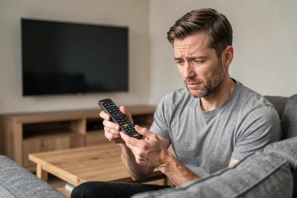 Homme tenant une télécommande Freebox et l'inspectant avec perplexité dans un salon moderne