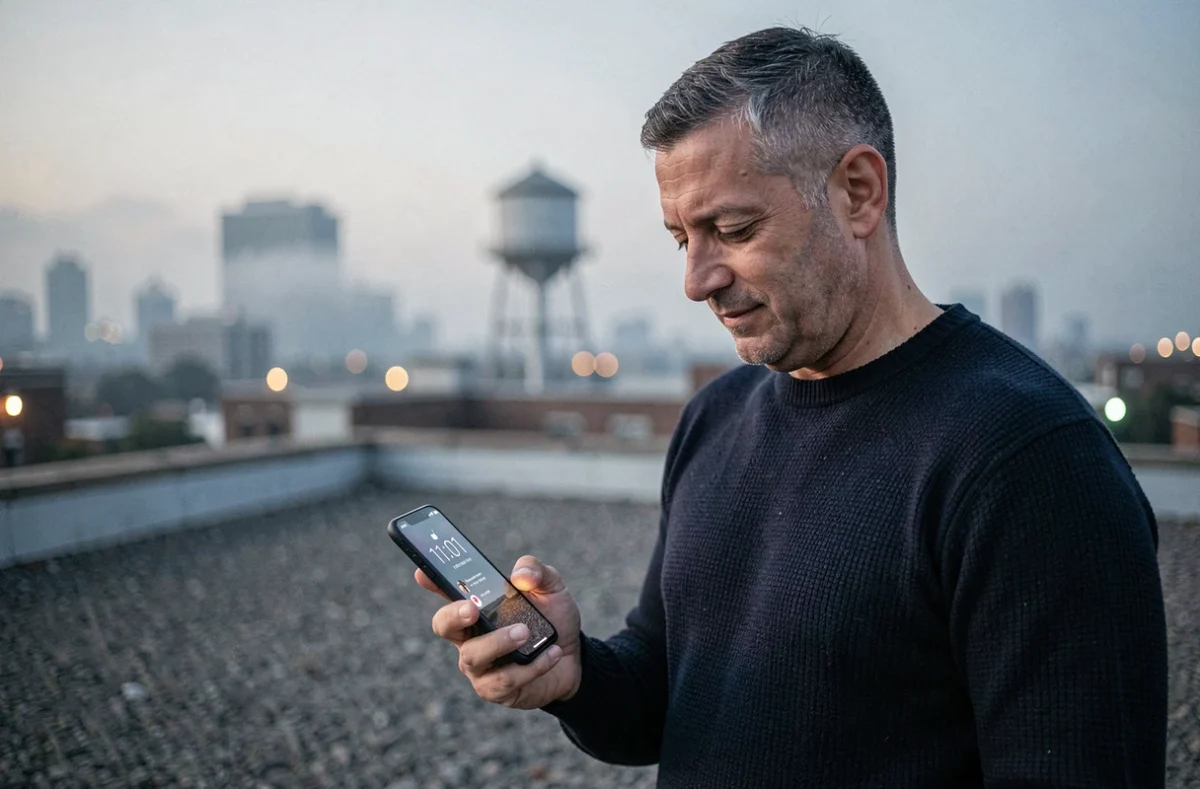 Homme sur un toit urbain regardant son téléphone affichant 11h01, illustrant la synchronicité numérique et la signification ésotérique du nombre