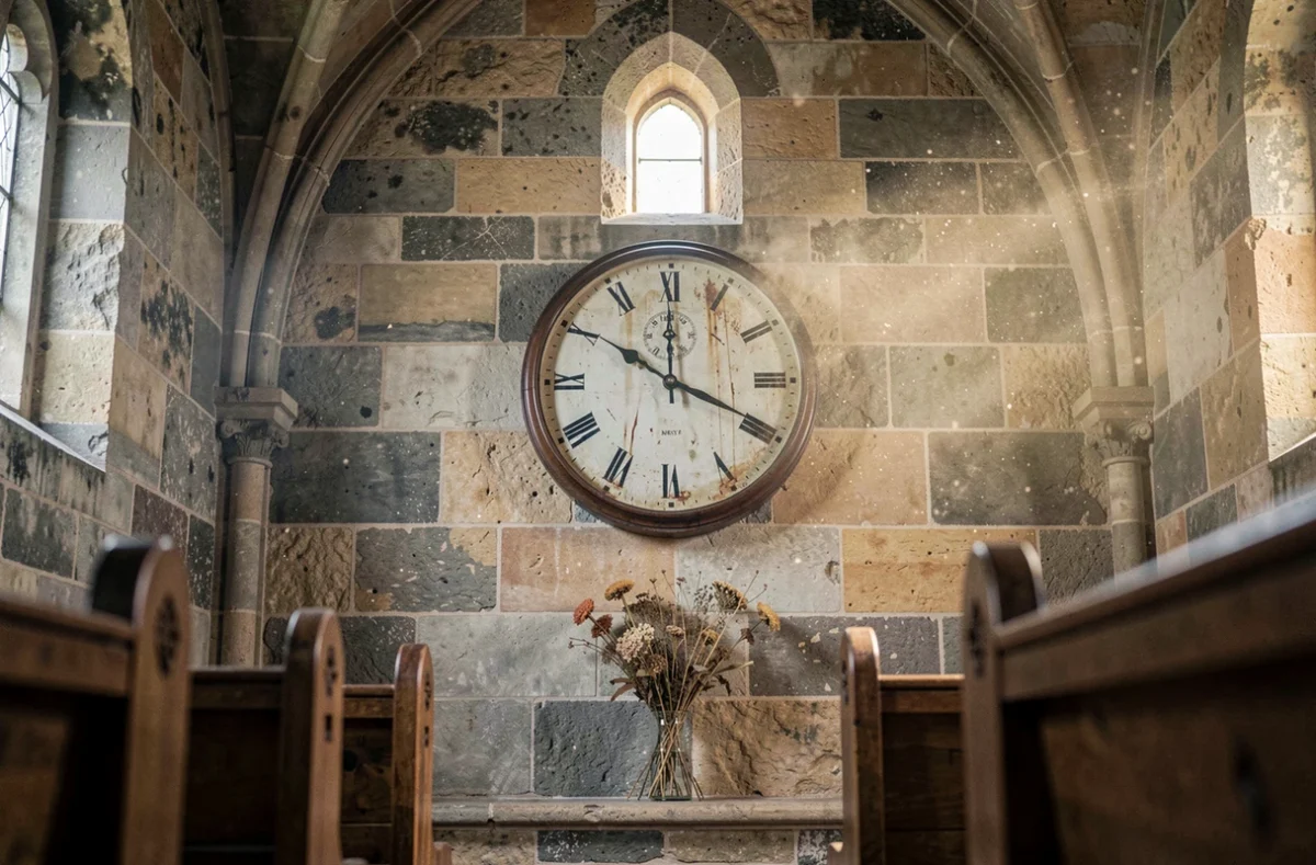 Horloge analogique ancienne arrêtée à 11h01 sur un mur en pierre d'une chapelle, évoquant la symbolique ésotérique du nombre 1101