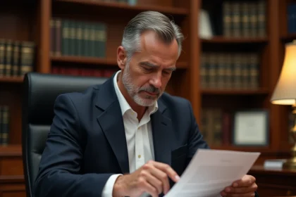 Huissier de justice en costume lisant une lettre officielle dans son bureau