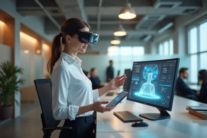 Femme cadre utilisant une interface holographique en réalité augmentée dans un bureau moderne intégrant l'intelligence artificielle