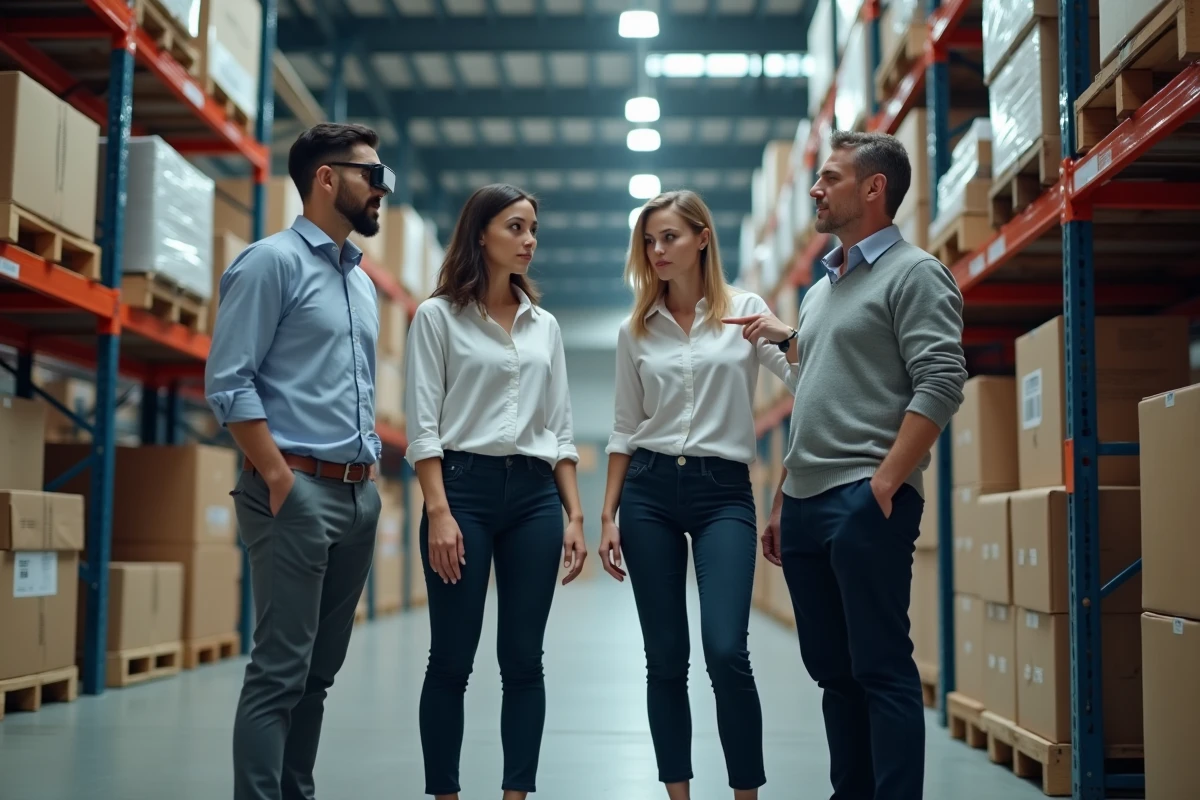 Équipe de professionnels utilisant la réalité augmentée et l'intelligence artificielle pour optimiser la logistique dans un entrepôt moderne