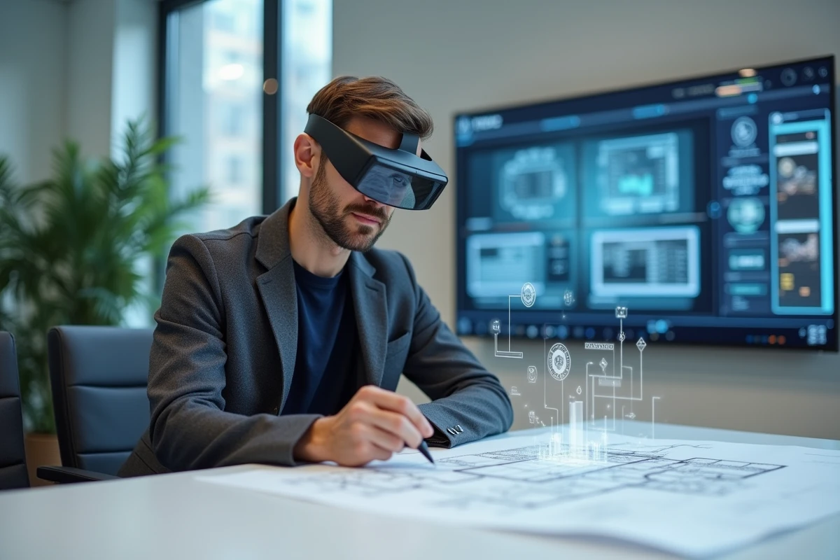 Homme professionnel portant un casque de réalité augmentée et analysant des données IA lors d'une réunion en entreprise technologique