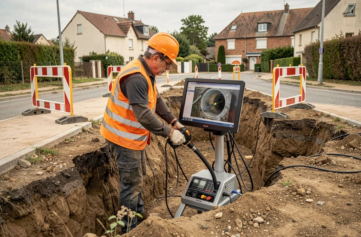 Technicien IDR 37 inspectant des canalisations souterraines dans une rue d'Indre-et-Loire