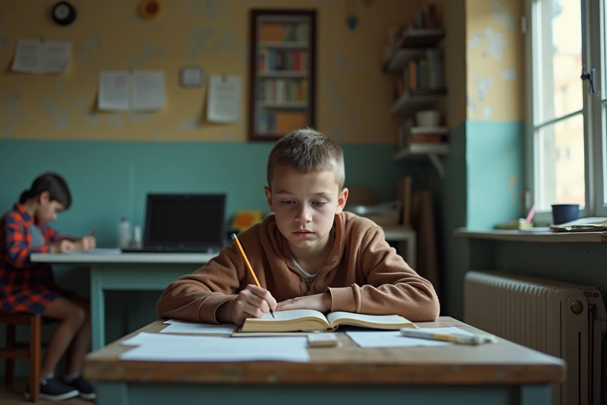 Adolescent étudiant dans un appartement modeste avec peu de ressources, illustrant les inégalités éducatives et sociales entre enfants