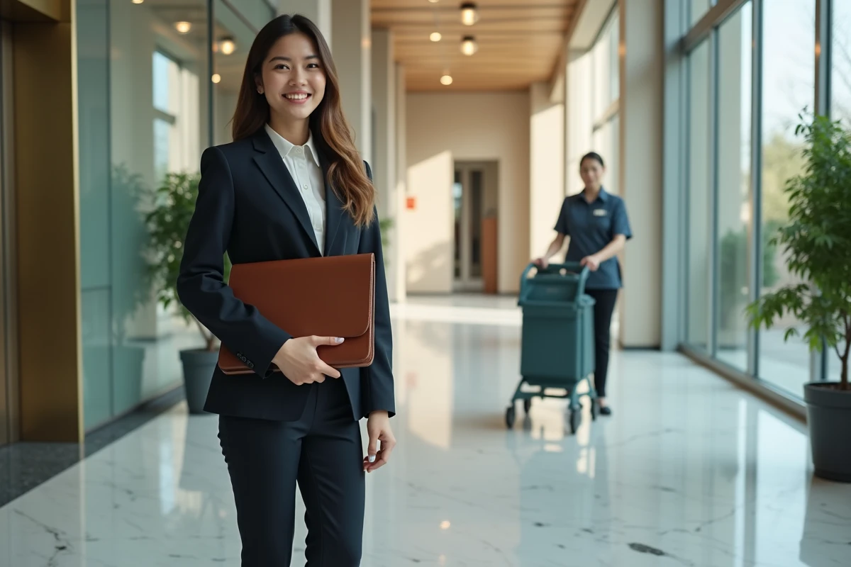 Femme d'affaires et femme de ménage dans un hall d'entreprise moderne, symbolisant les inégalités professionnelles et sociales