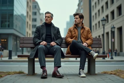 Deux hommes aux apparences sociales contrastées assis sur un banc urbain, illustrant les inégalités sociales et économiques