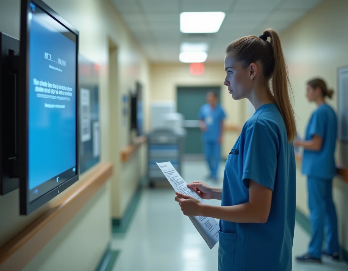 Infirmière face à une panne du système numérique de santé dans un couloir hospitalier