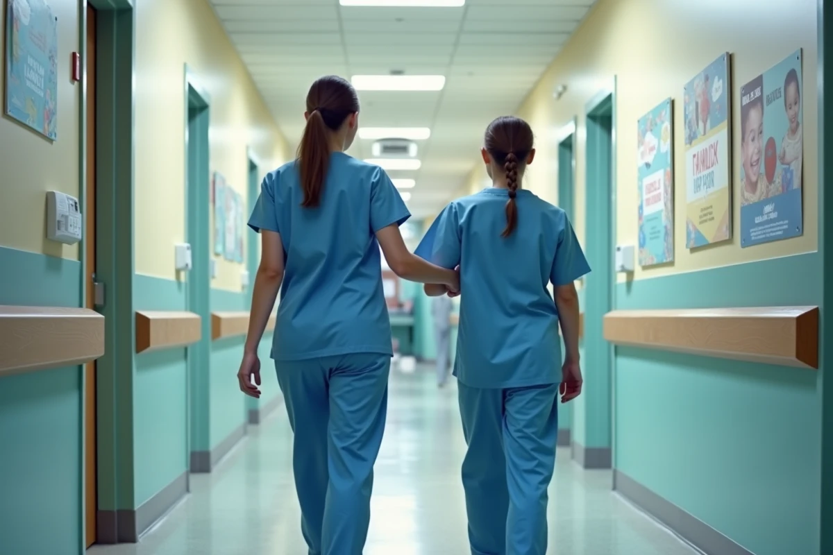 Infirmière pédiatrique accompagnant avec bienveillance un adolescent vulnérable dans un couloir d'hôpital