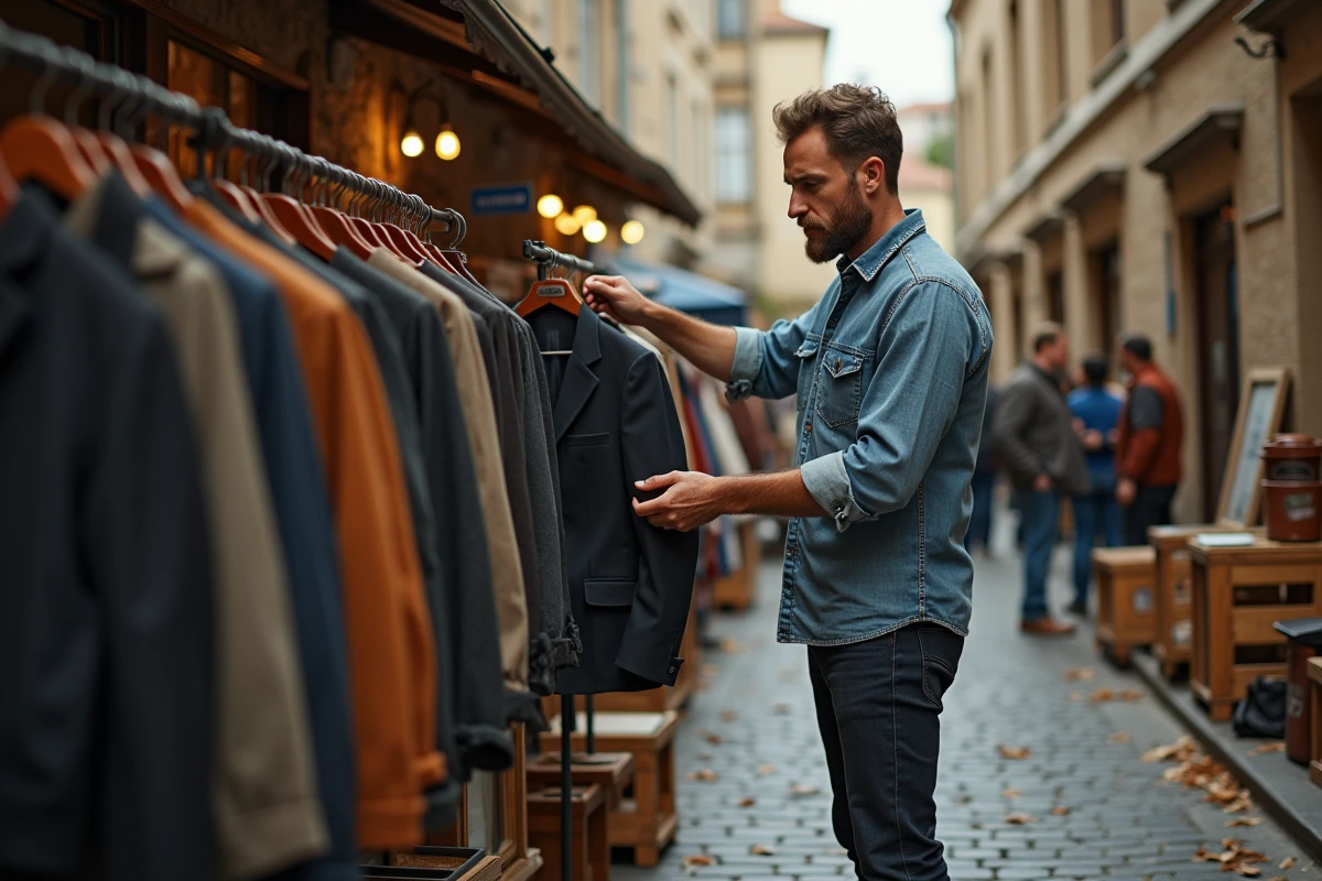 Homme qui explore des vêtements vintage sur un marché aux puces en plein air, illustration de l'influence culturelle sur le style