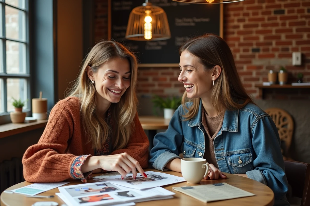 Deux femmes discutent de leurs influences stylistiques autour de planches de tendances dans un café chaleureux