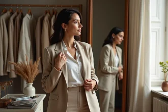 Jeune femme qui réfléchit à son style vestimentaire devant une armoire ouverte dans une chambre parisienne
