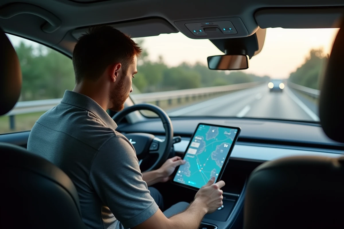 Ingénieur passager dans un véhicule autonome consultant des données de navigation en temps réel