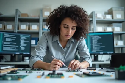 Ingénieure examinant des circuits électroniques dans un laboratoire technologique moderne