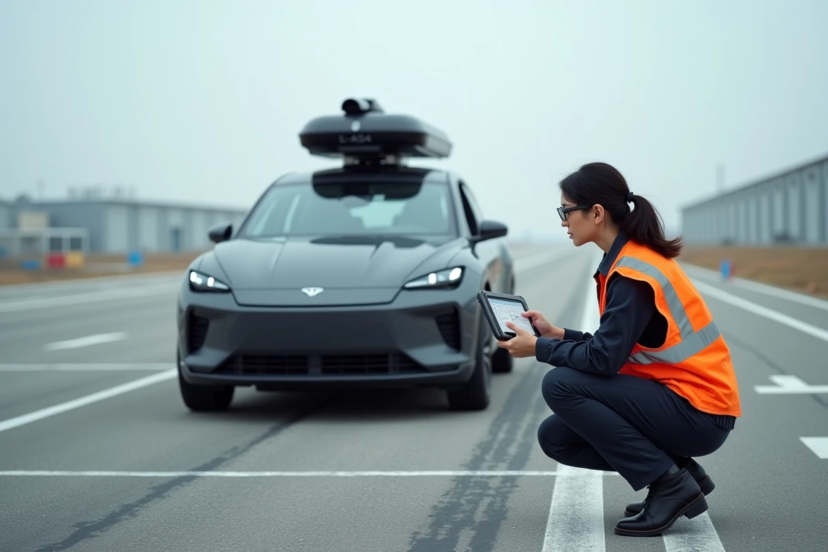 Ingénieure automobile inspectant les capteurs LIDAR d'un véhicule autonome prototype sur un circuit d'essai extérieur