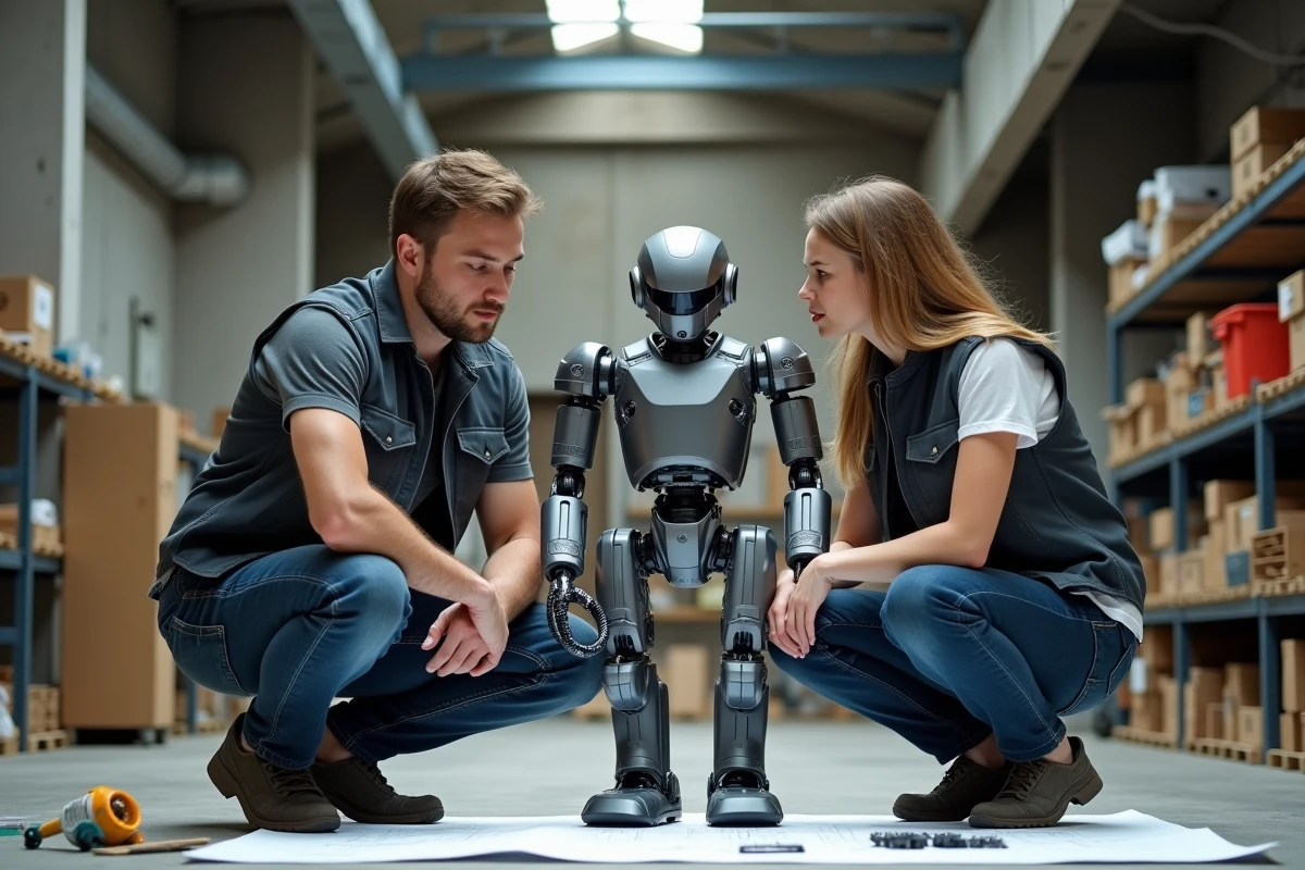 Deux ingénieurs travaillant sur un prototype de robot humanoïde dans un atelier industriel, illustrant la robotique comme future révolution technologique