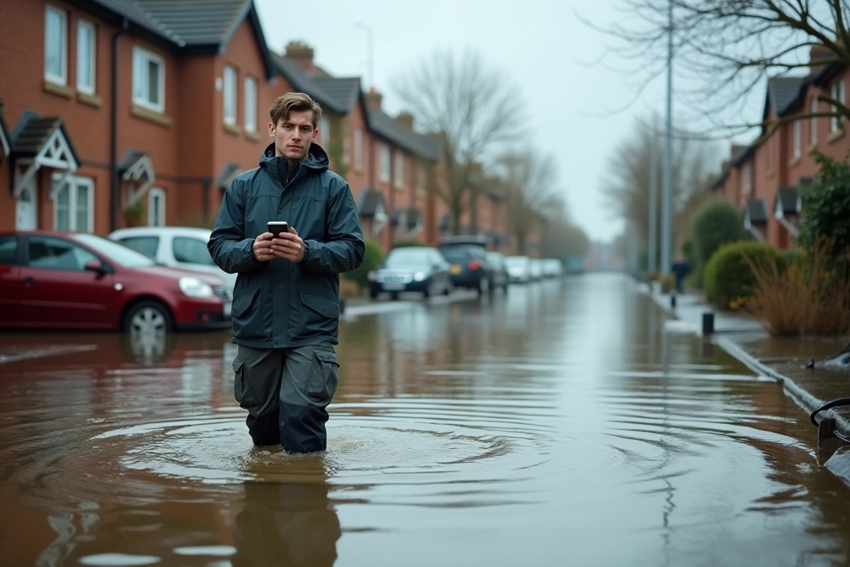 Scientifique mesurant les niveaux d'inondation dans une rue résidentielle submergée suite à des crues extrêmes causées par le changement climatique