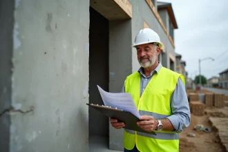 Inspecteur en bâtiment examinant une construction non conforme au code de l'urbanisme sur un chantier résidentiel