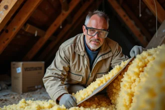 Artisan inspectant une isolation thermique vieillissante dans un grenier avec laine minérale jaunie et chevrons en bois exposés