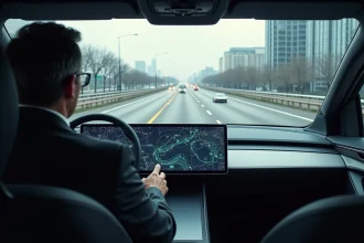 Intérieur d'une voiture autonome moderne avec tableau de bord numérique et navigation en temps réel sur autoroute urbaine