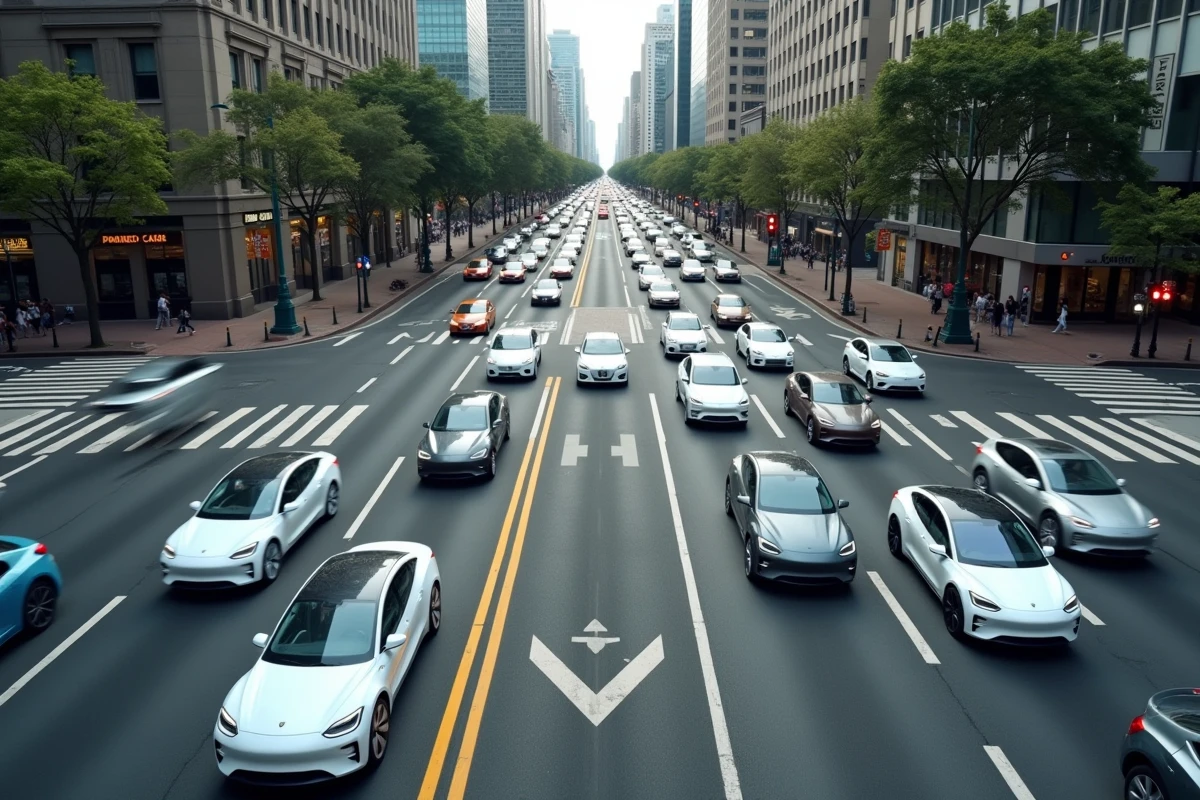 Vue aérienne d'une intersection urbaine gérée par des voitures autonomes en circulation coordonnée dans une ville moderne