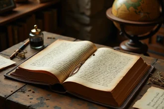 Livre ancien ouvert sur un bureau en chêne avec une plume et de l'encre, évoquant l'invention du terme gastronomie au XVIIIe siècle