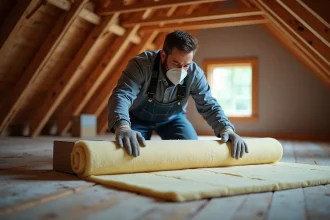 Artisan posant de la laine de verre dans des combles non aménagés pour isoler le plancher