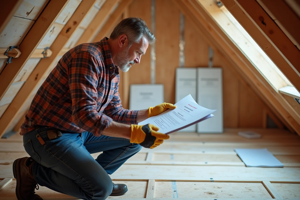 Propriétaire évaluant les travaux d'isolation de toiture en combles avec des panneaux de mousse rigide