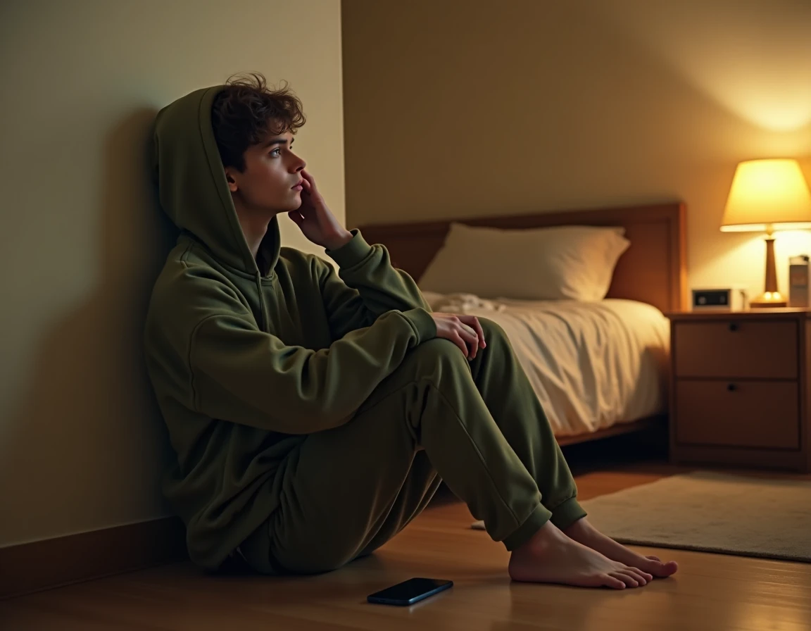 Jeune adulte assis par terre dans sa chambre à côté de son téléphone, exprimant un mal-être et l'hésitation à demander de l'aide