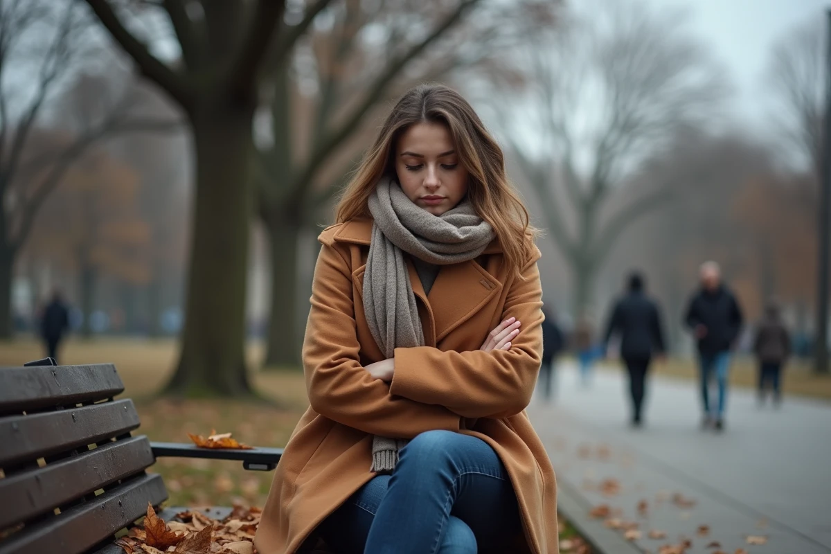 Jeune femme seule sur un banc de parc en automne, l'air mélancolique, évoquant la distance volontaire vis-à-vis de la famille