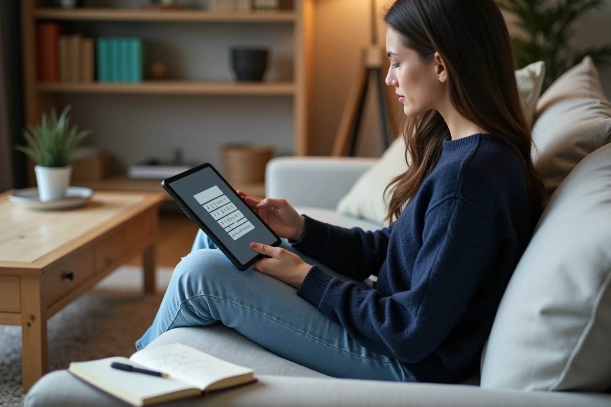 Jeune femme consultant un calculateur de jours depuis la naissance sur une tablette avec des notes manuscrites