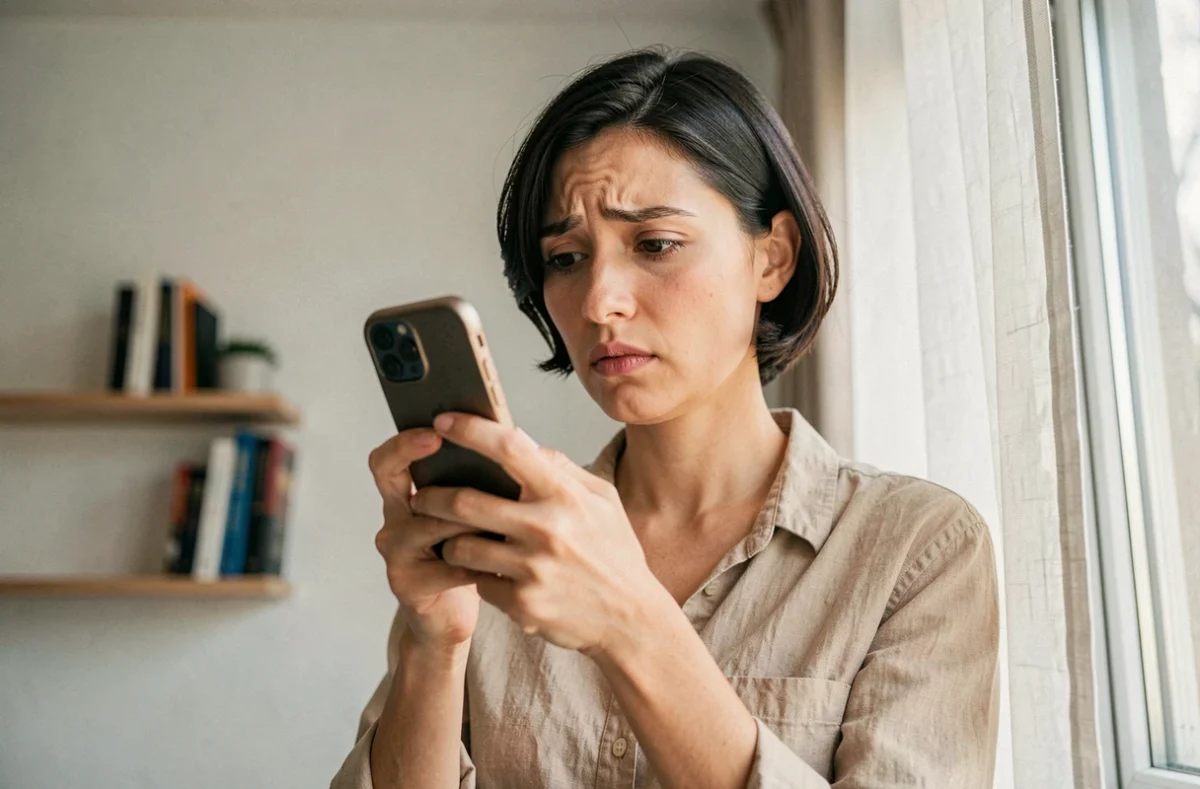 Jeune femme consultant les horaires téléphoniques de Pôle emploi sur son smartphone à domicile