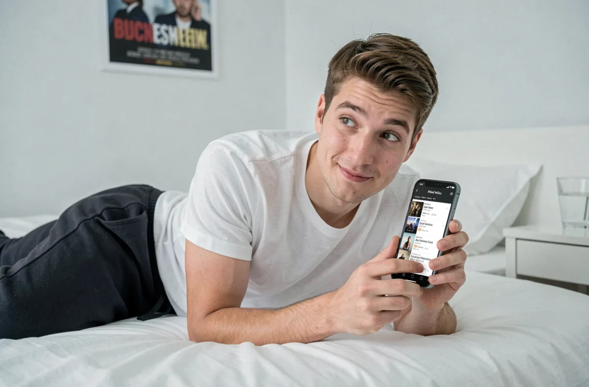 Jeune homme consultant un site de films du jour sur smartphone allongé dans sa chambre